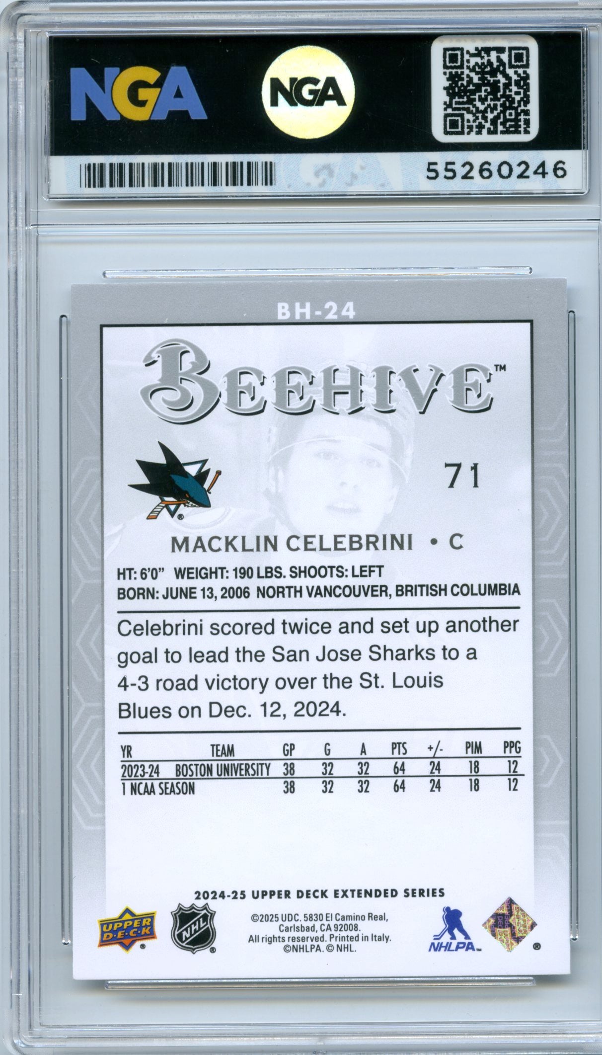 2024-25 Upper Deck #BH-24 Macklin Celebrini Beehive NGA 10