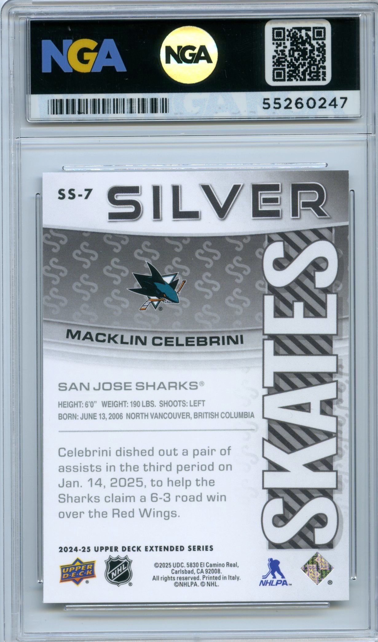 2024-25 Upper Deck #SS-7 Macklin Celebrini Silver Skates NGA 10