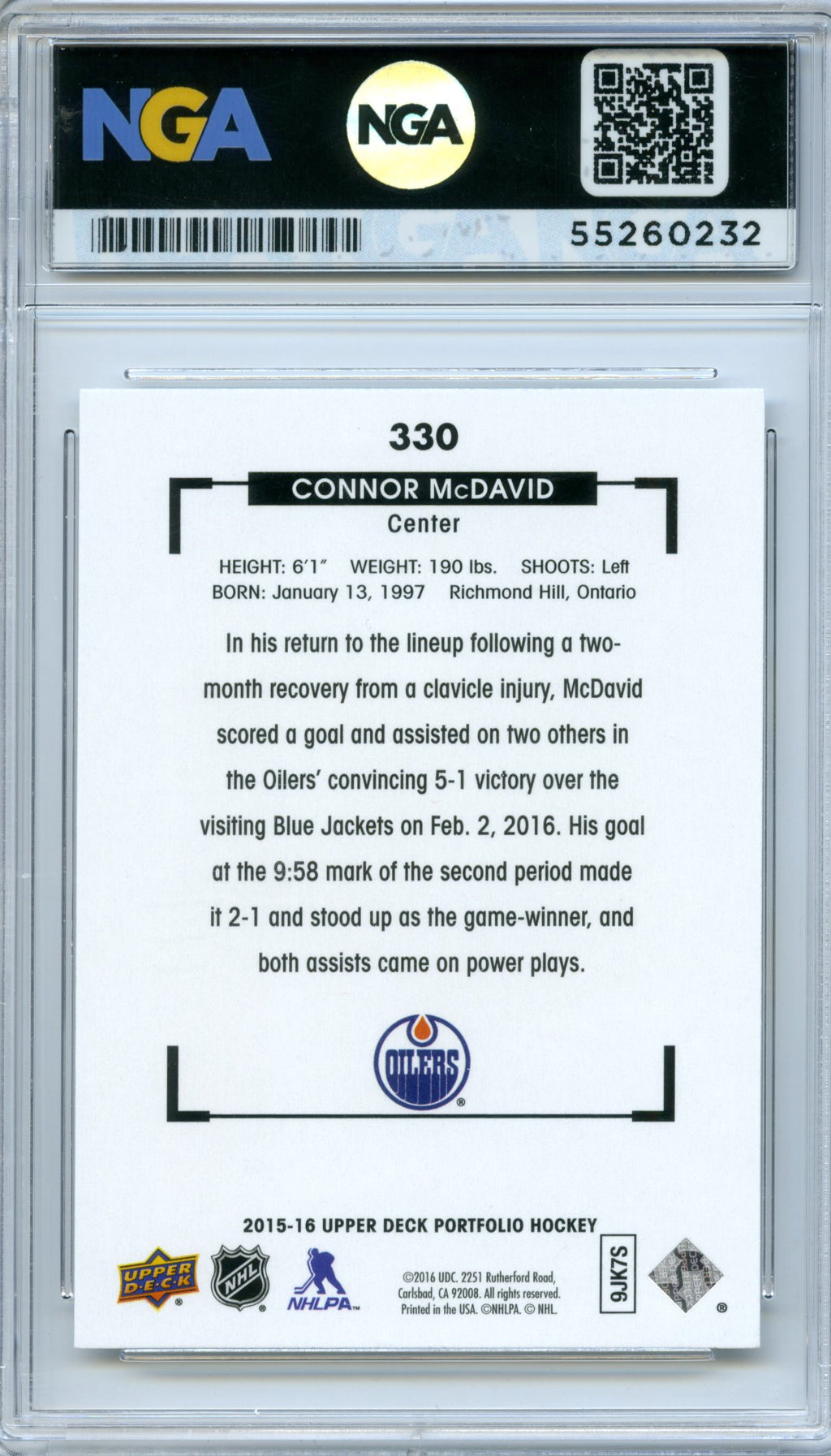 2015-16 Upper Deck Portfolio #330 Connor McDavid NGA 10