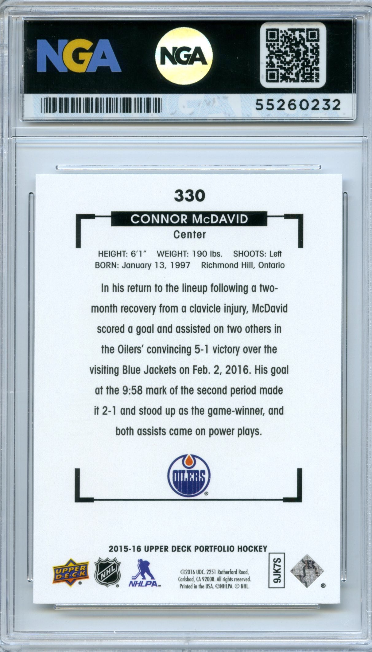 2015-16 Upper Deck Portfolio #330 Connor McDavid NGA 10