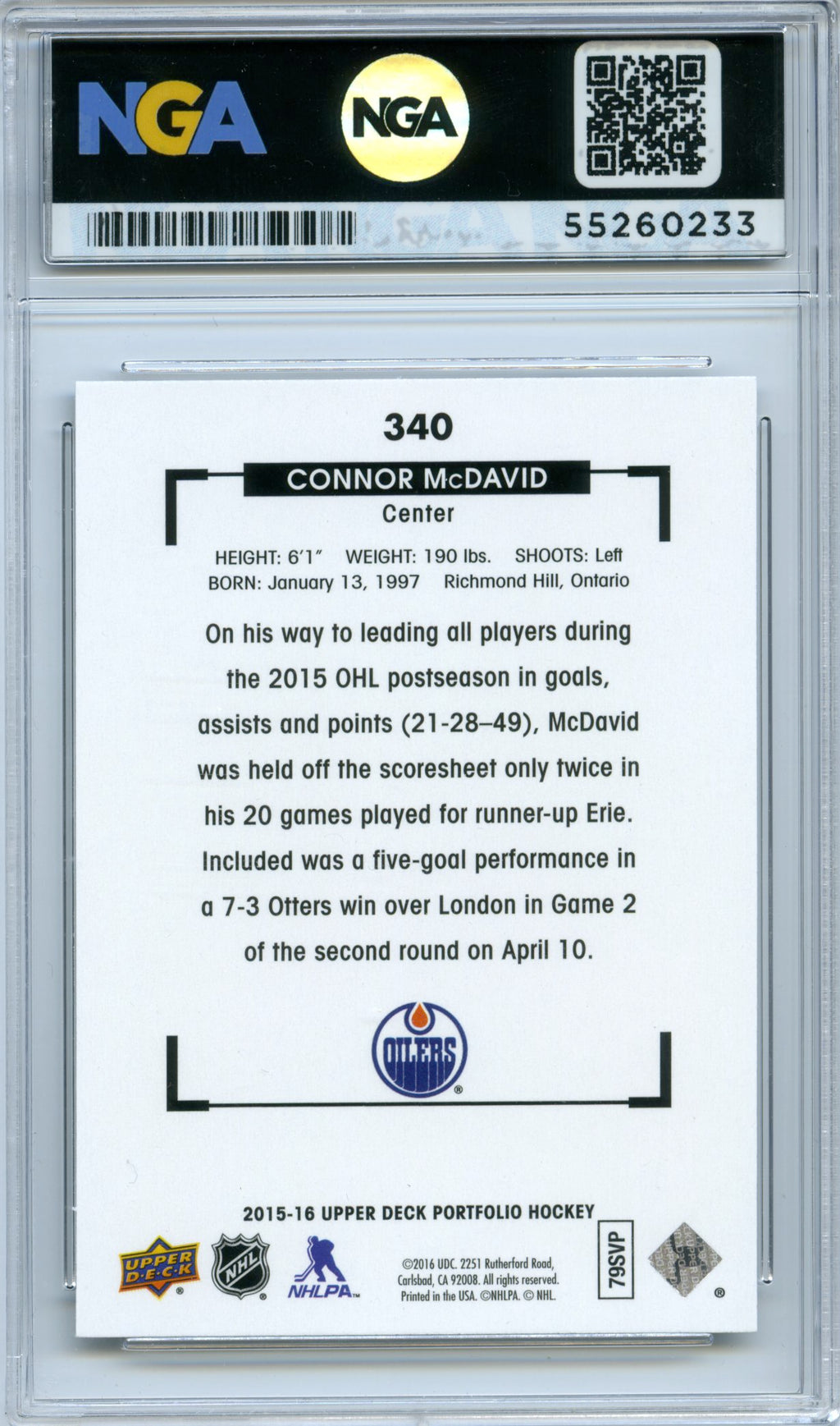 2015-16 Upper Deck Portfolio #340 Connor McDavid NGA 10
