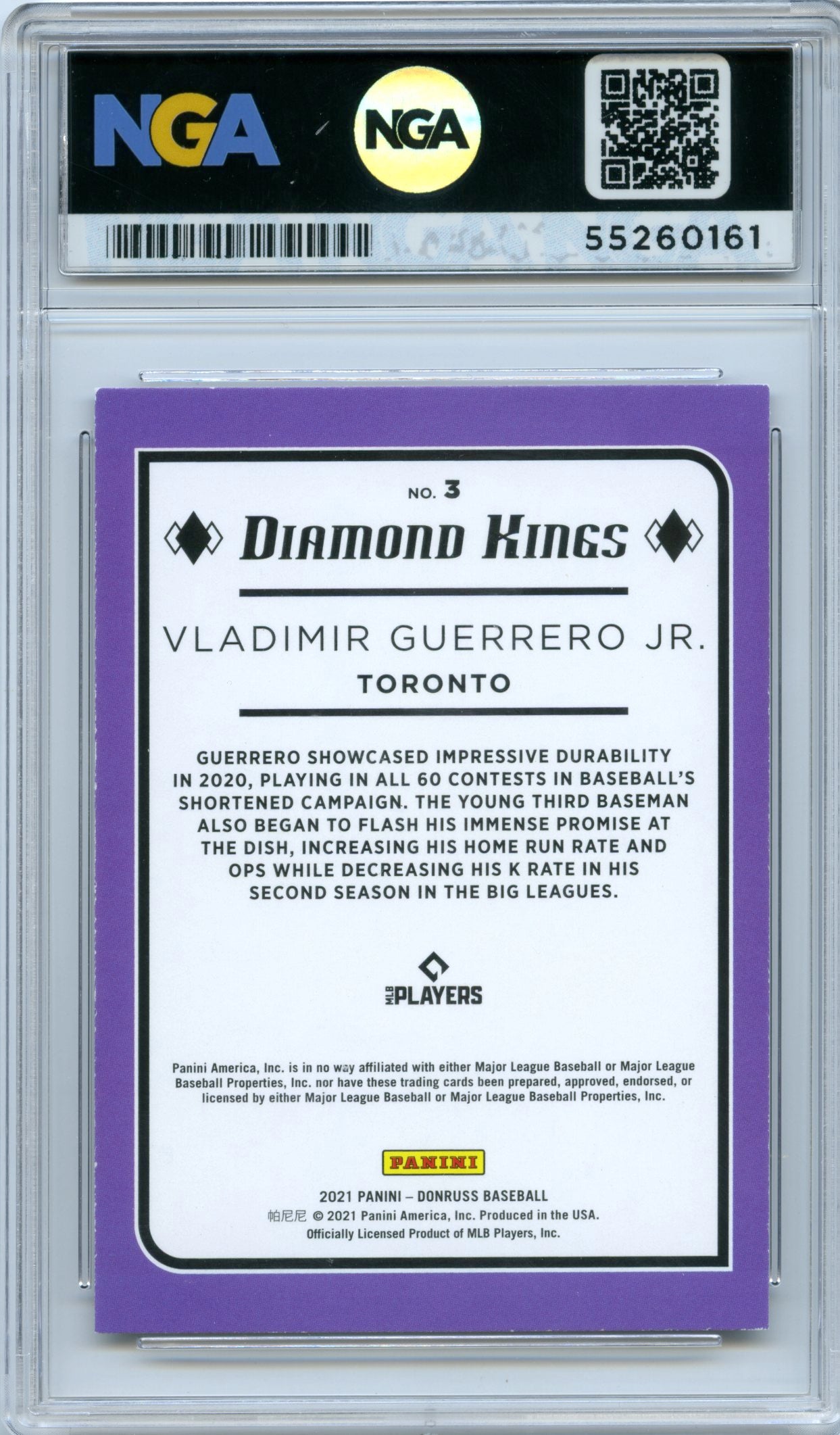 2021 Donruss #3 Vladimir Guerrero Jr. Holo Purple NGA 10