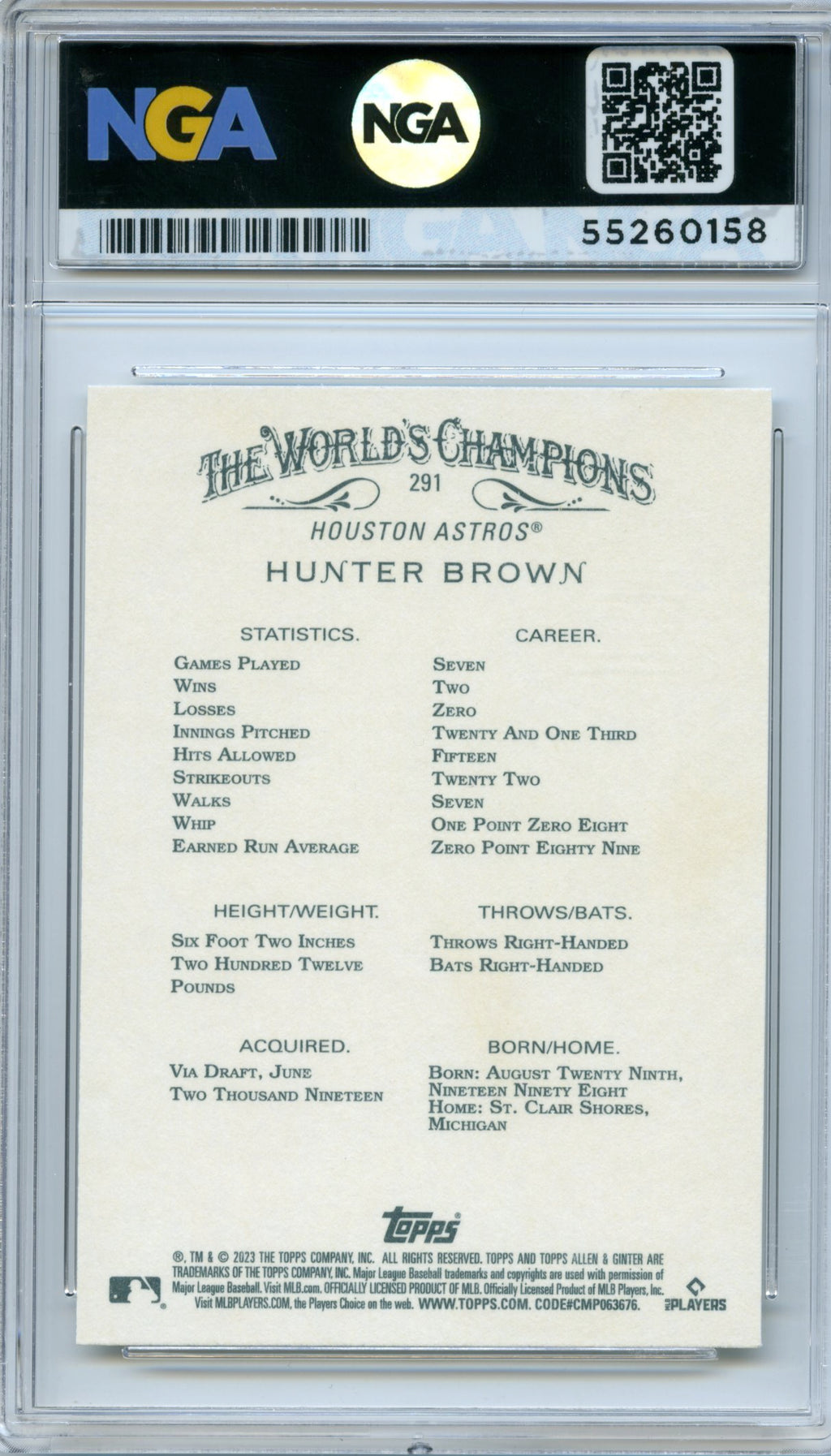 2023 Topps Allen & Ginter #291 Hunter Brown NGA 10