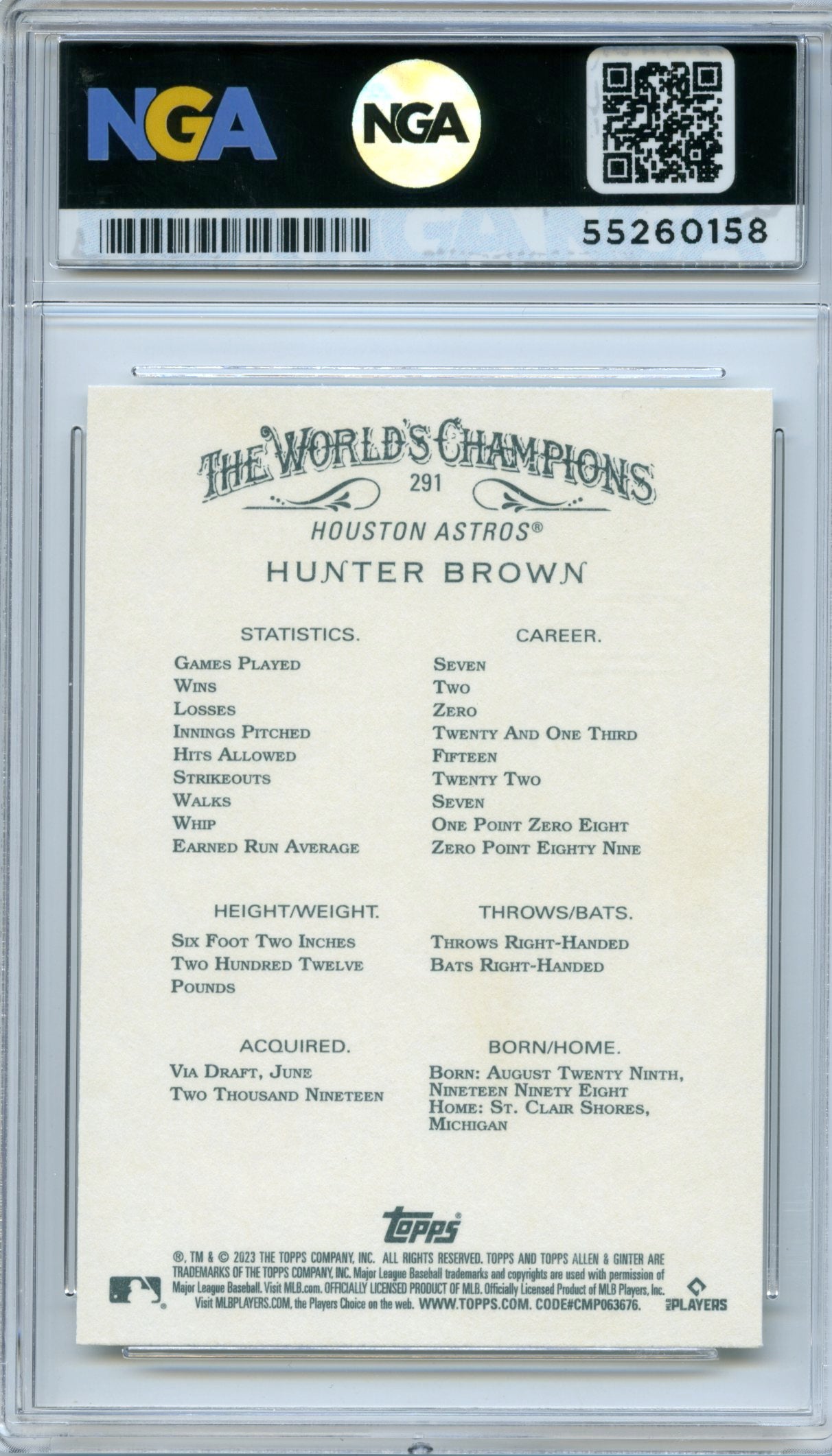 2023 Topps Allen & Ginter #291 Hunter Brown NGA 10