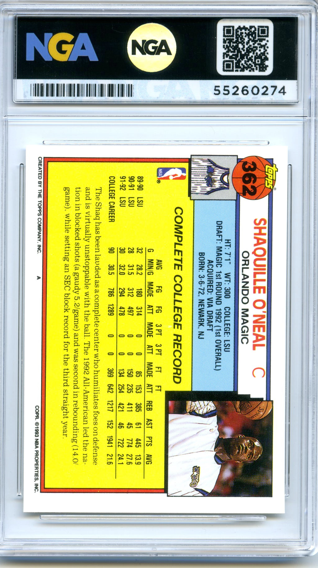 1992-93 Topps #362 Shaquille O'Neal NGA 10