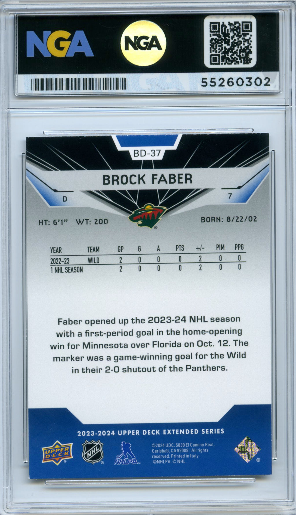 2023-24 Upper Deck #BD-37 Brock Faber 2007-08 Black Diamond Retros NGA 10
