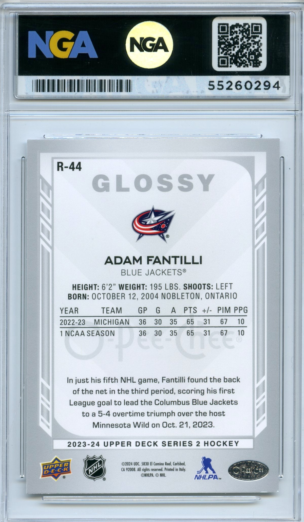 2023-24 Upper Deck #R-44 Adam Fantilli O-Pee-Chee Glossy Gold NGA 10
