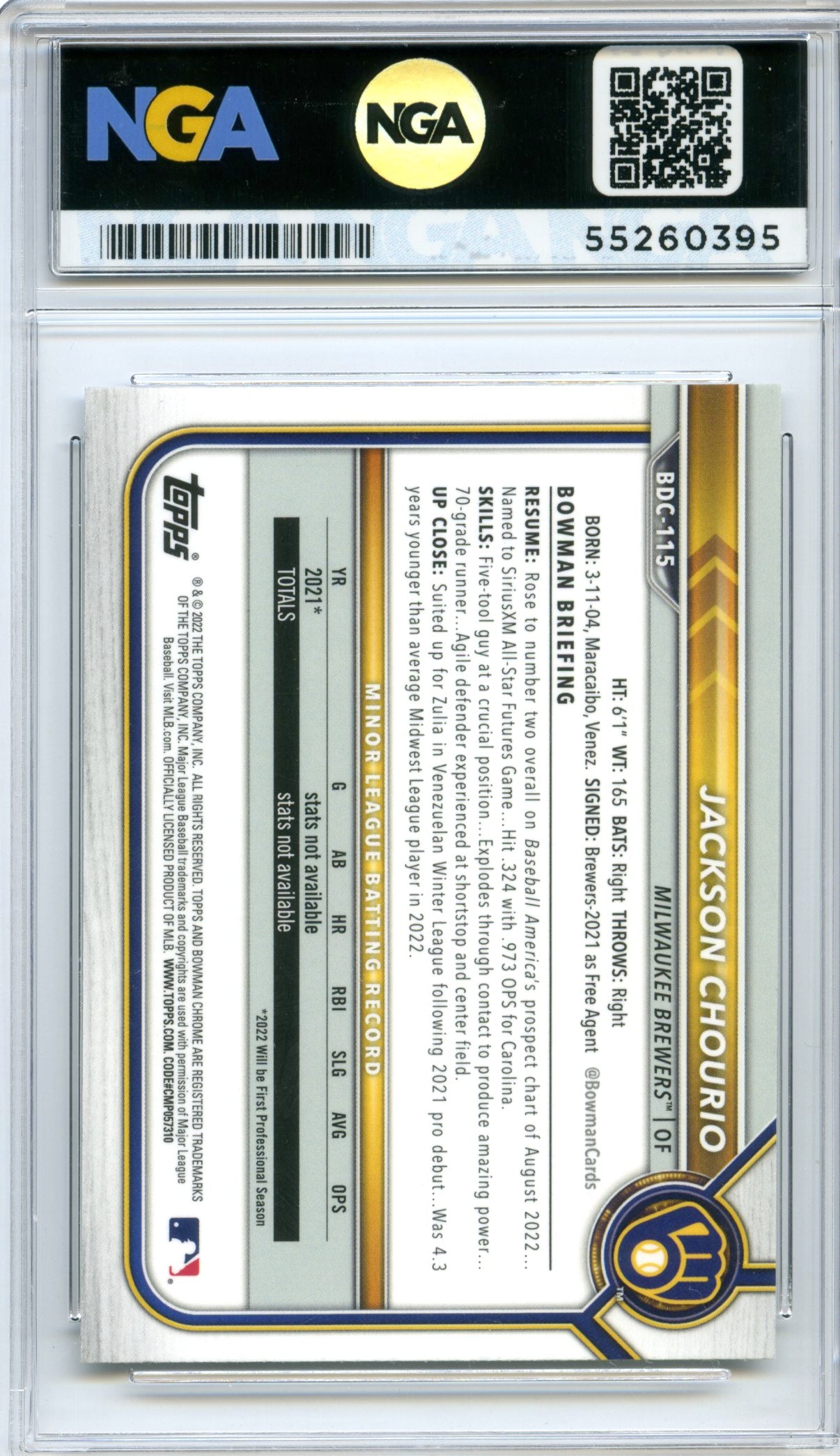 2022 Bowman Draft #BDC-115a Jackson Chourio Chrome Refractor NGA 10