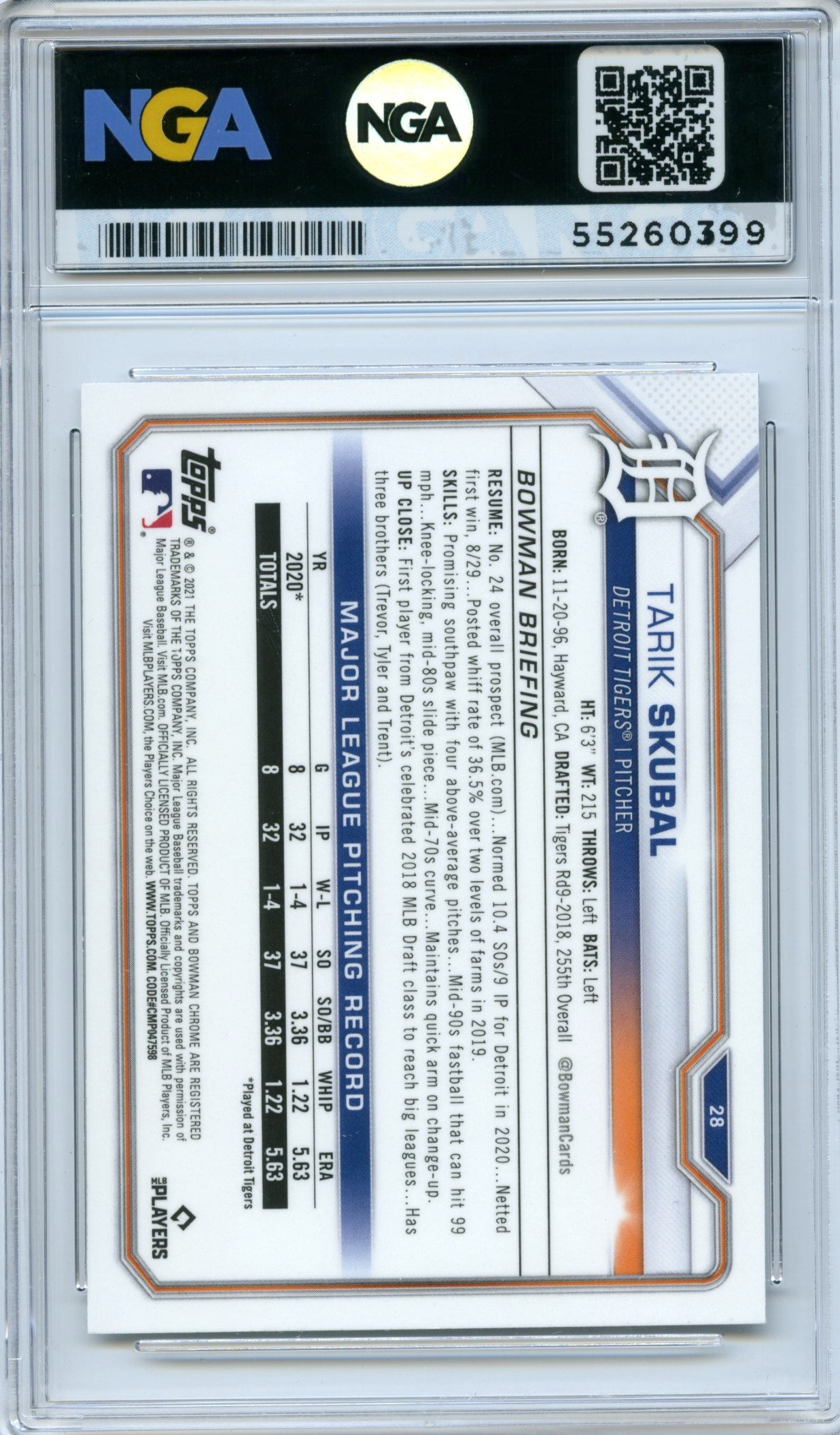 2021 Bowman Chrome Sapphire Edition #28 Tarik Skubal NGA 10
