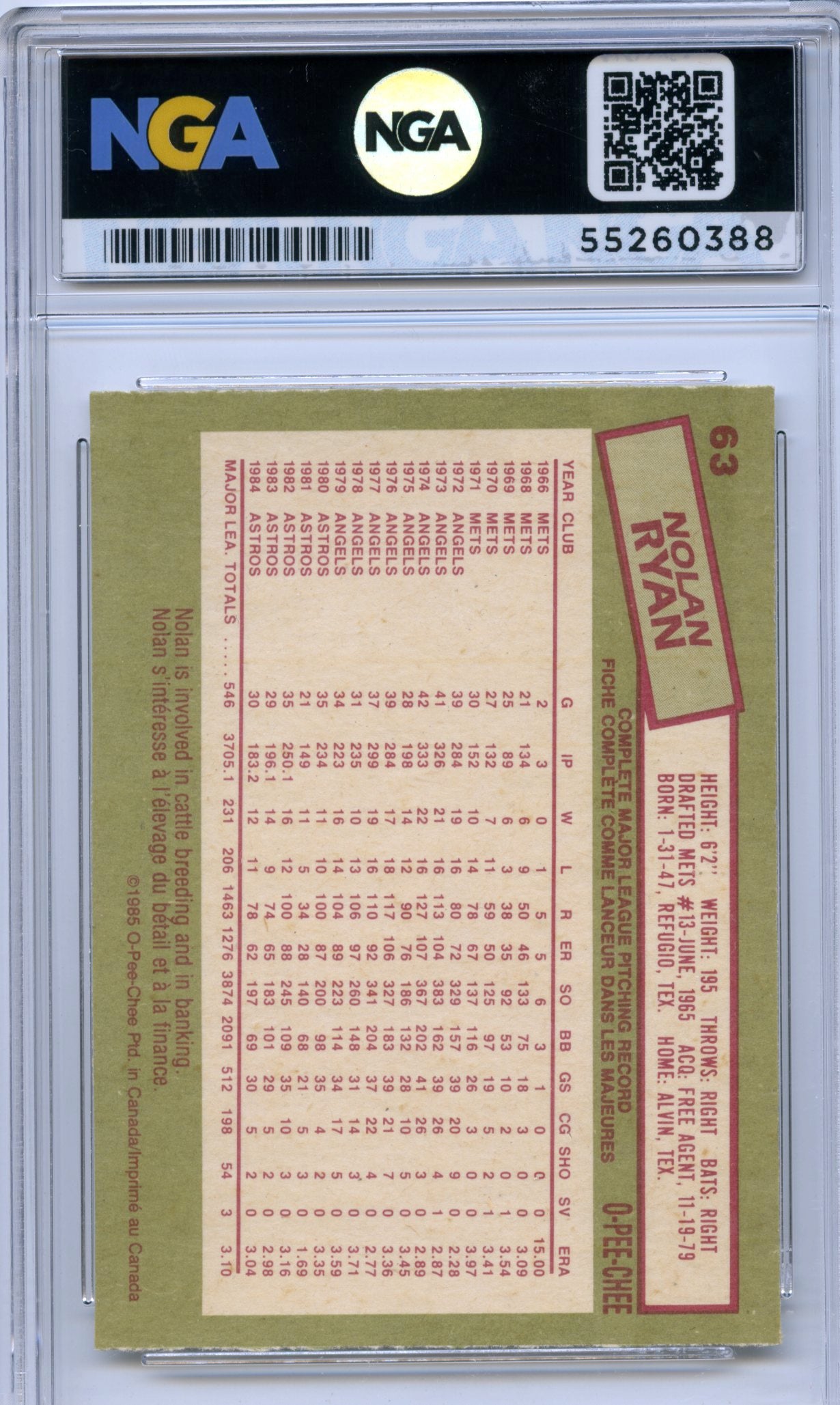 1985 O-Pee-Chee #63 Nolan Ryan NGA 10