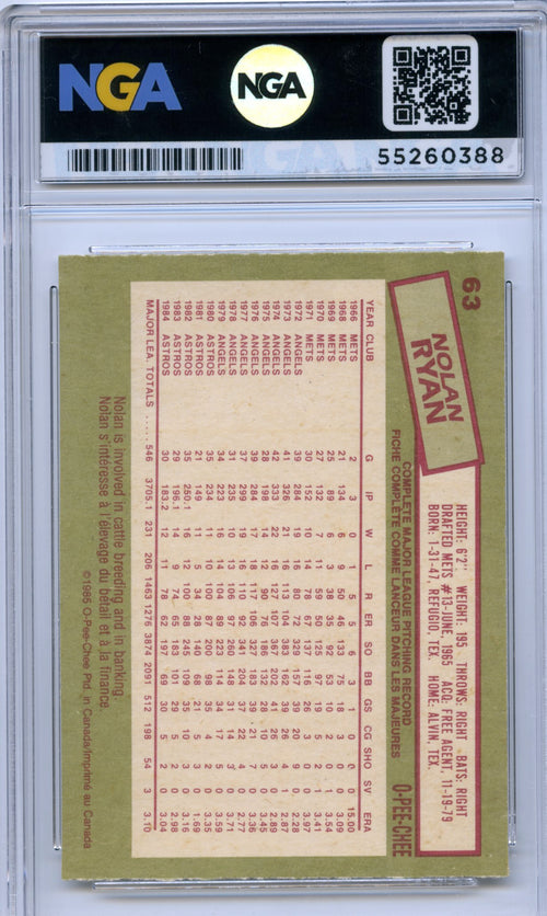 1985 O-Pee-Chee #63 Nolan Ryan NGA 10
