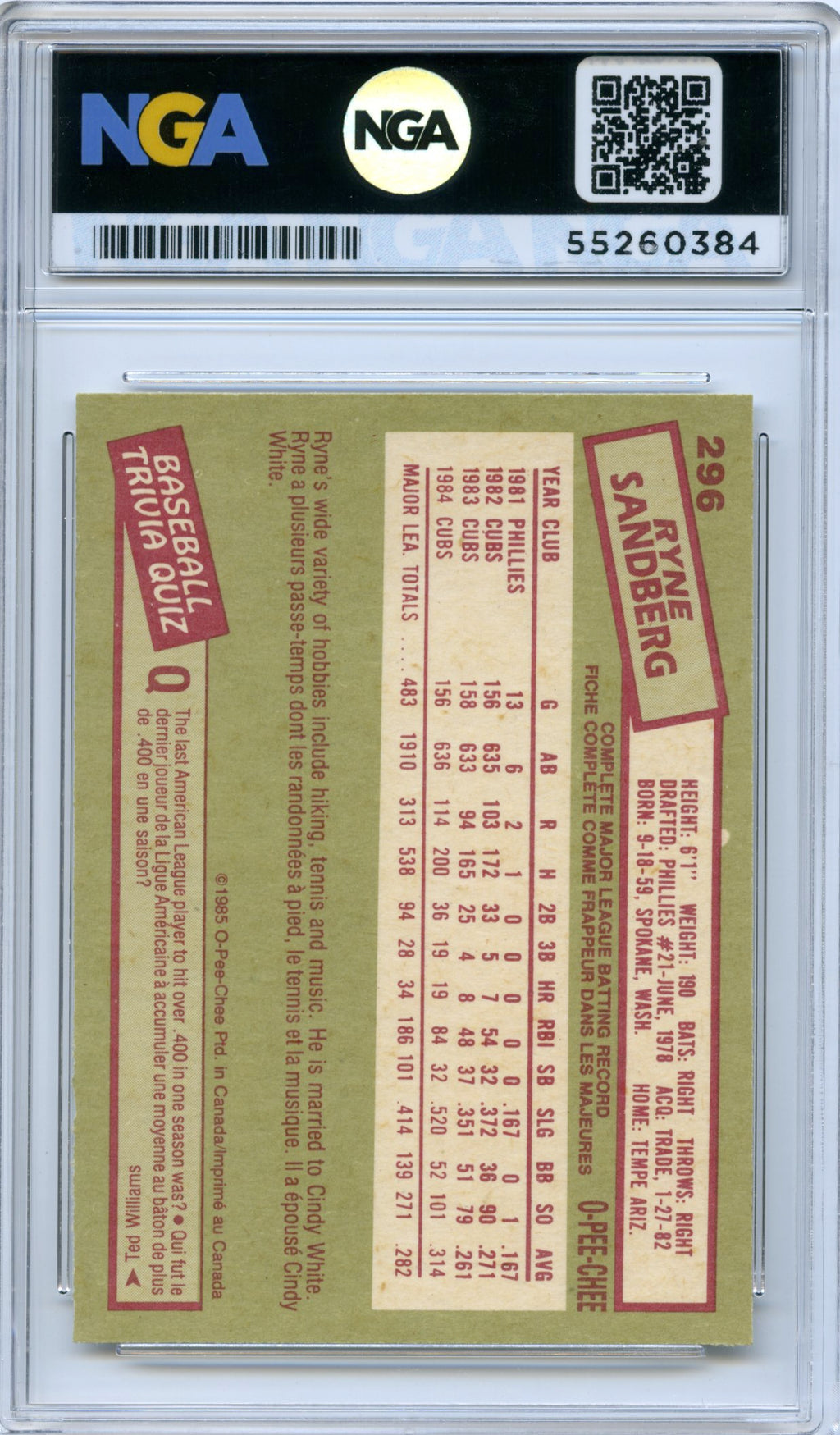 1985 O-Pee-Chee #296 Ryne Sandberg NGA 10