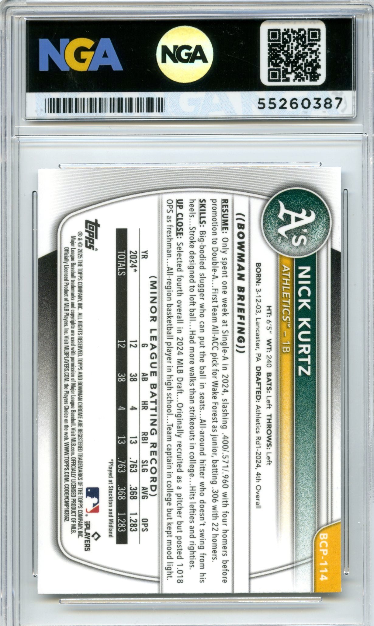2025 Bowman #BCP-114 Nick Kurtz Chrome Prospects Mojo Refractor NGA 10