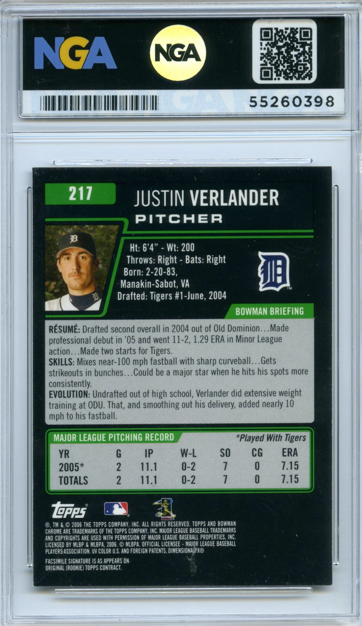 2006 Bowman Chrome #217 Justin Verlander NGA 10
