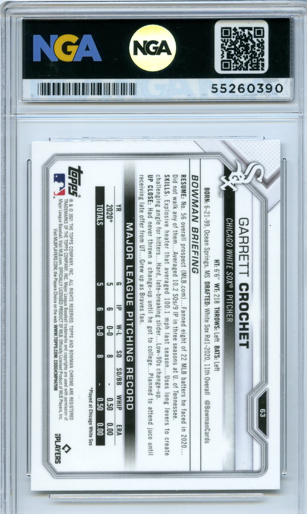2021 Bowman Chrome #63 Garrett Crochet NGA 10