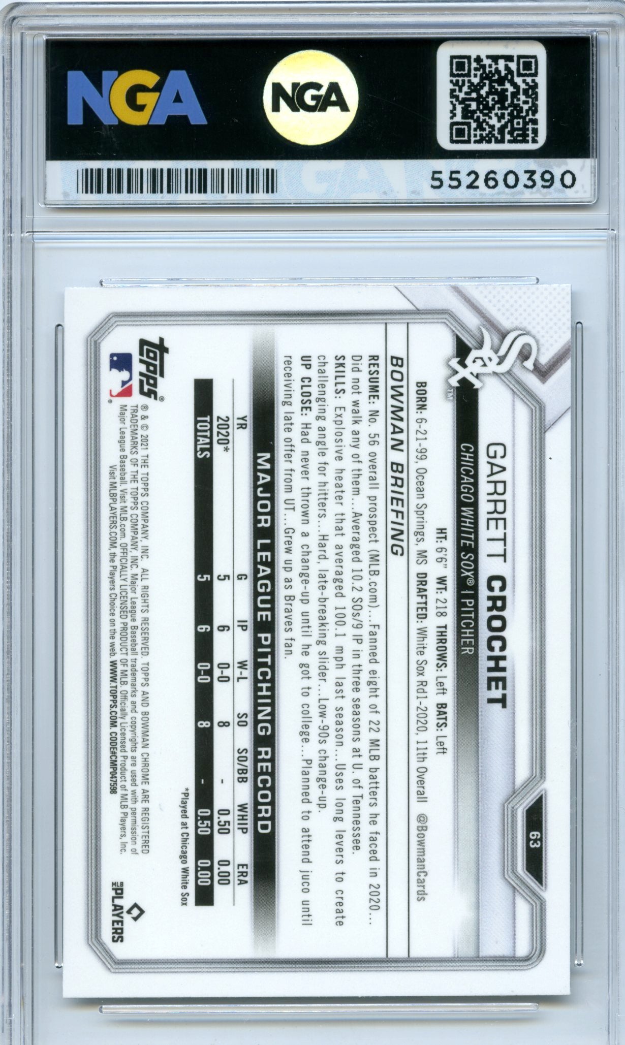 2021 Bowman Chrome #63 Garrett Crochet NGA 10