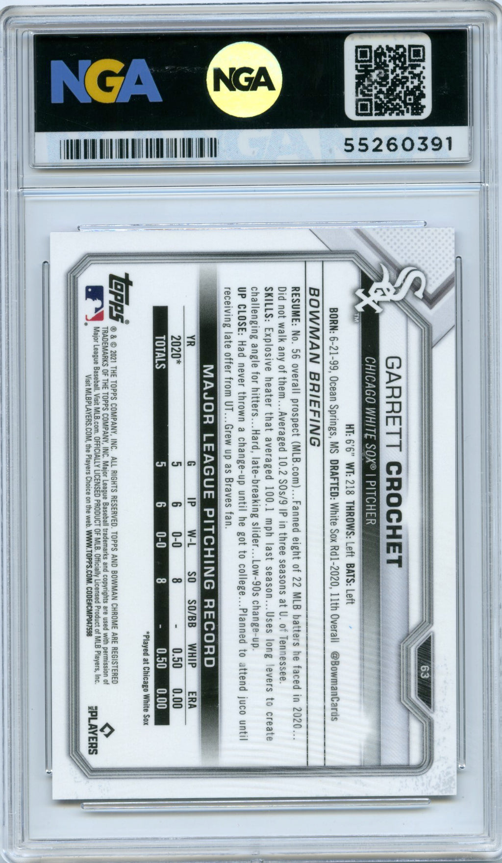 2021 Bowman Chrome #63 Garrett Crochet Fuchsia Refractor NGA 10 #/299