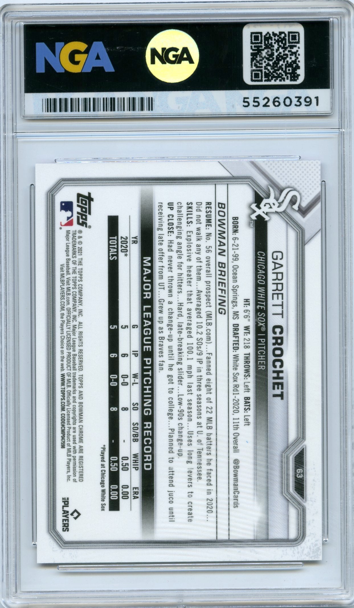 2021 Bowman Chrome #63 Garrett Crochet Fuchsia Refractor NGA 10 #/299