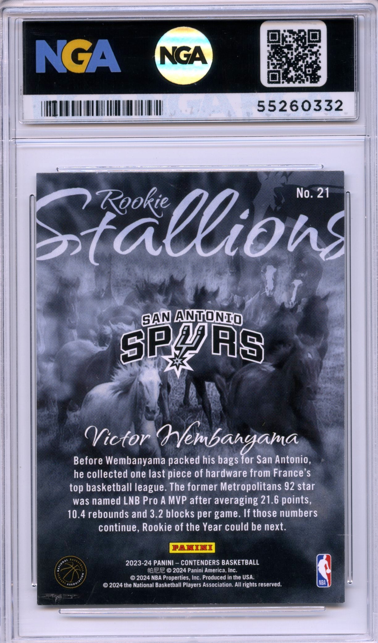 2023-24 Panini Contenders #21 Victor Wembanyama Rookie Stallions NGA 10