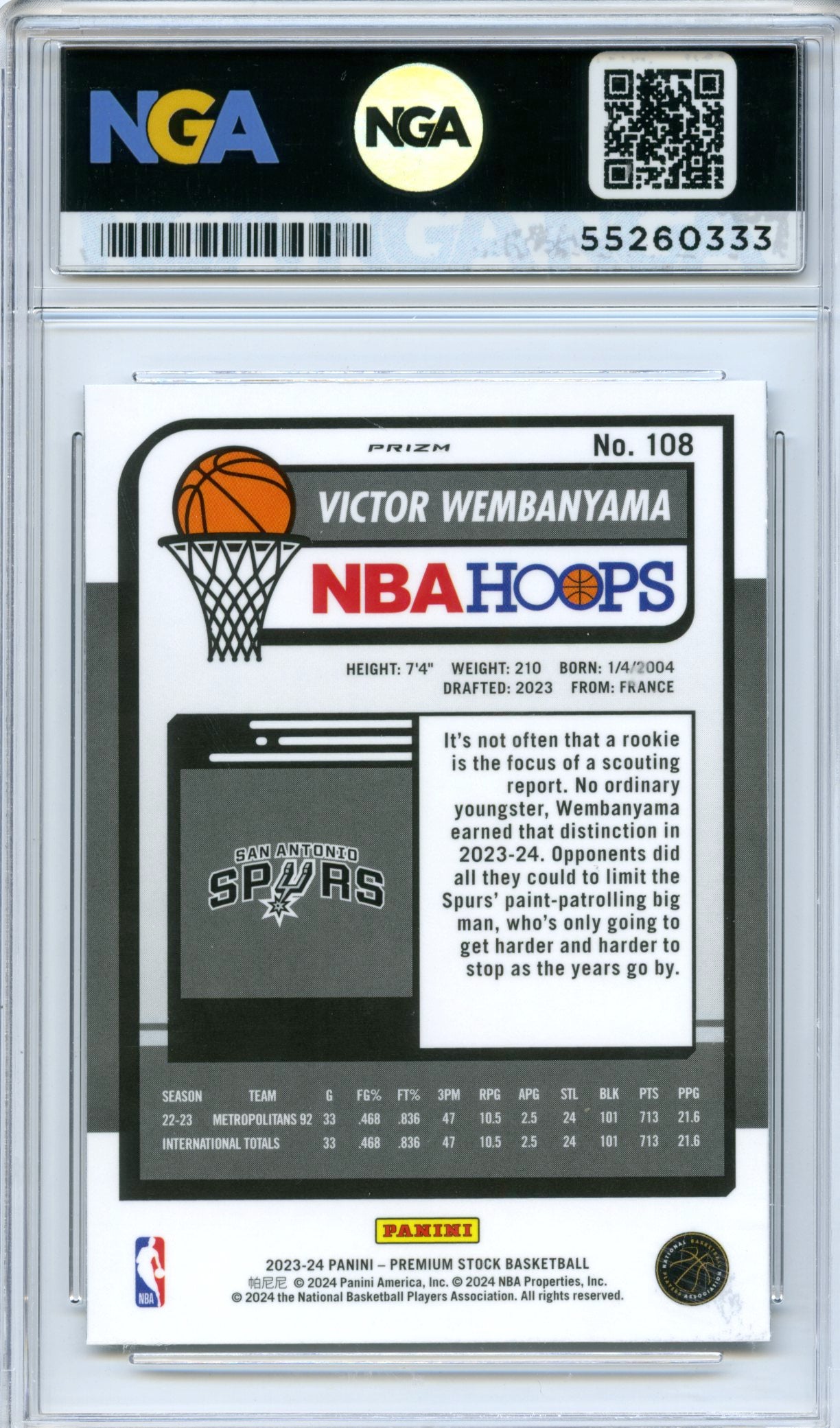 2023-24 Hoops Premium Stock #108 Victor Wembanyama Ice Prizm NGA 10