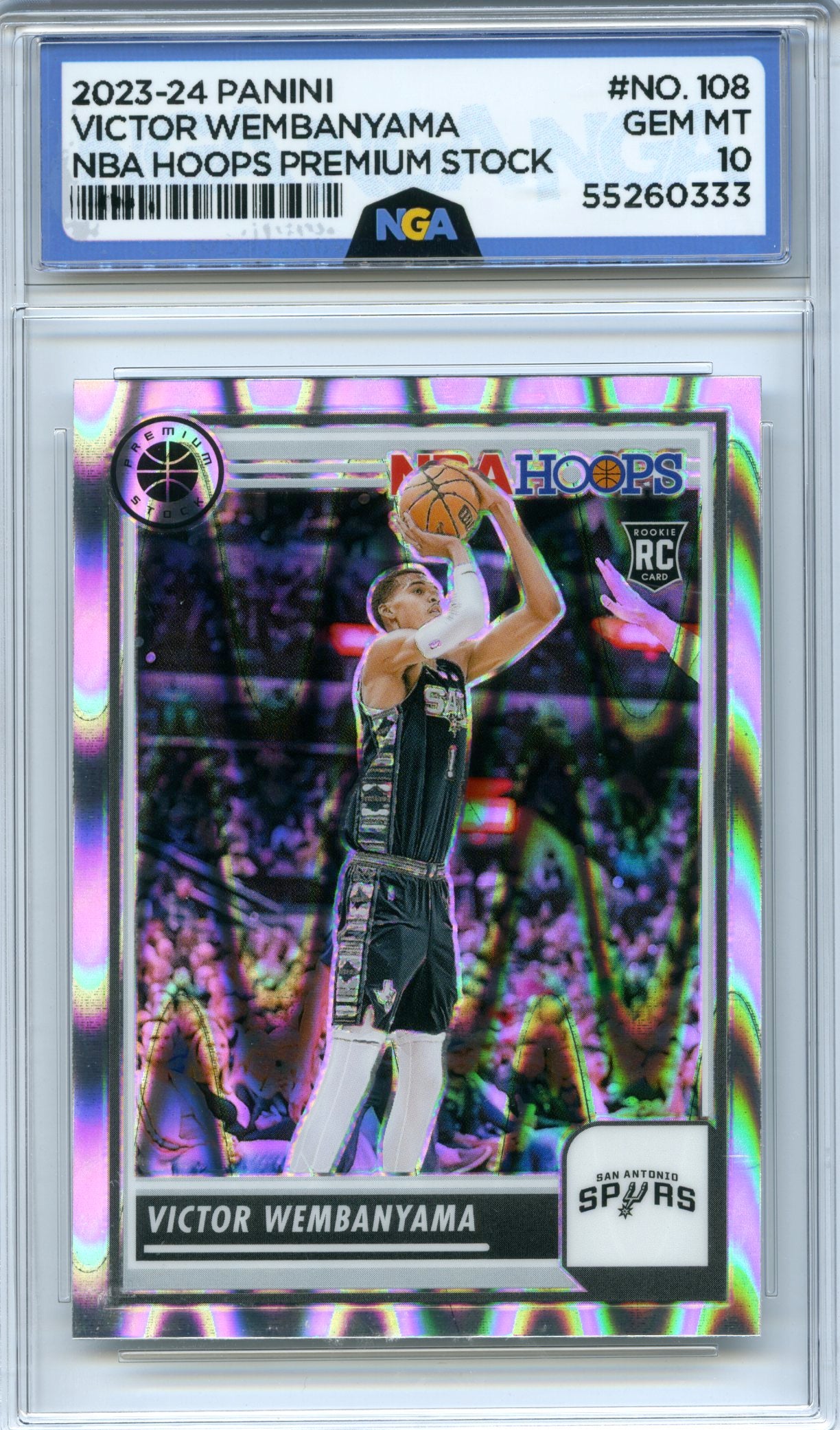 2023-24 Hoops Premium Stock #108 Victor Wembanyama Ice Prizm NGA 10