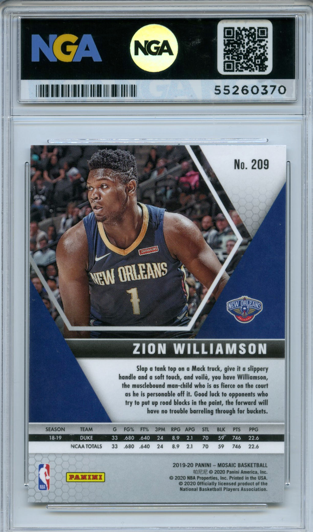 2019-20 Panini Mosaic #209 Zion Williamson Silver Prizm NGA 10