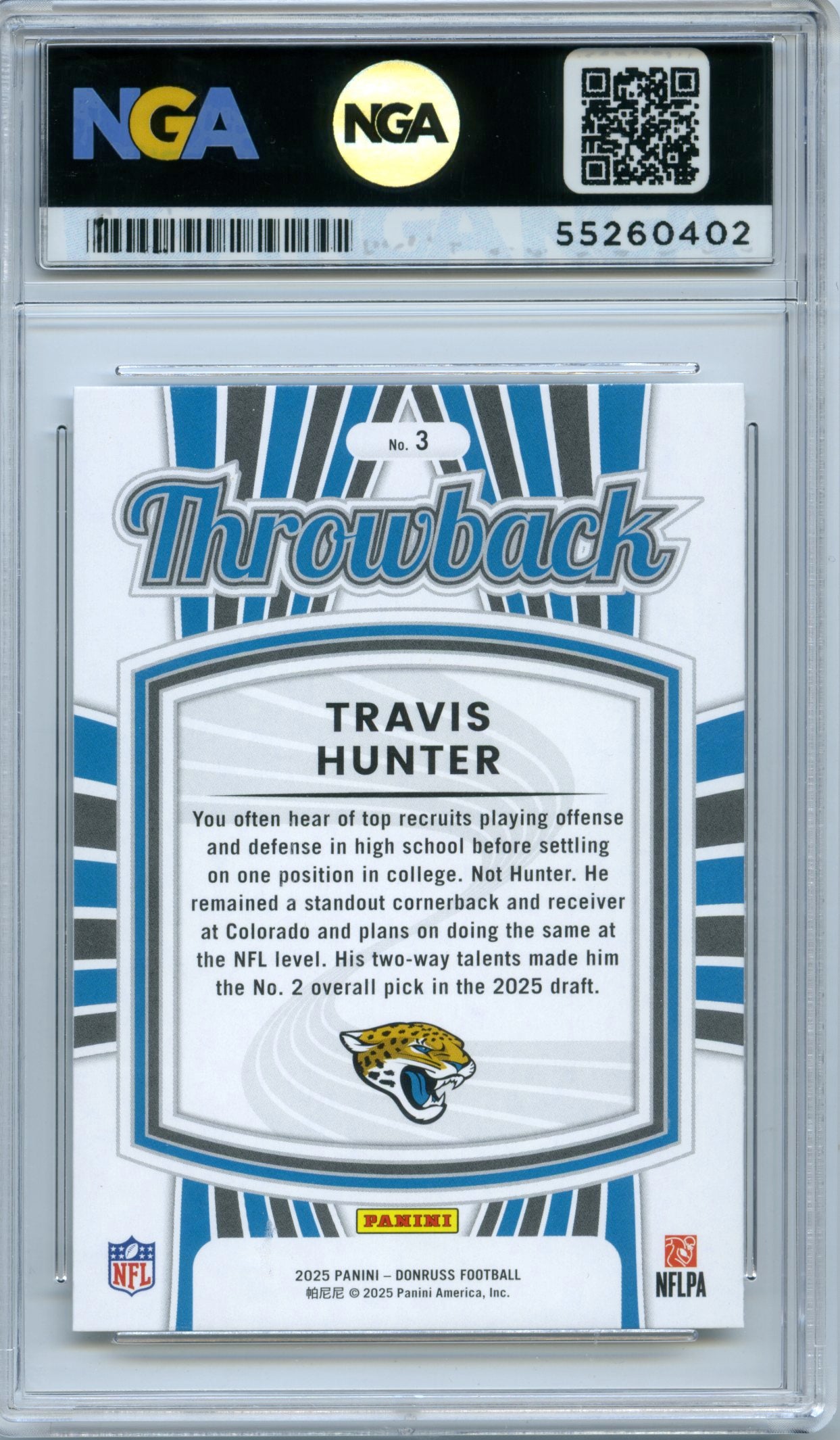 2025 Donruss #3 Travis Hunter Rated Rookies Throwback NGA 10