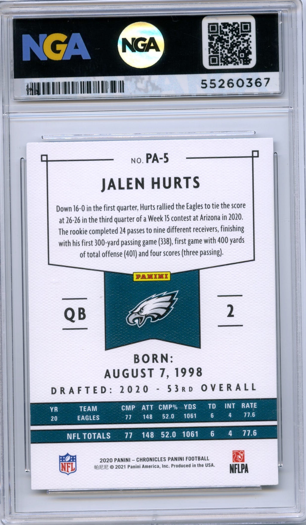 2020 Panini Chronicles #PA-5 Jalen Hurts Panini Bronze NGA 10