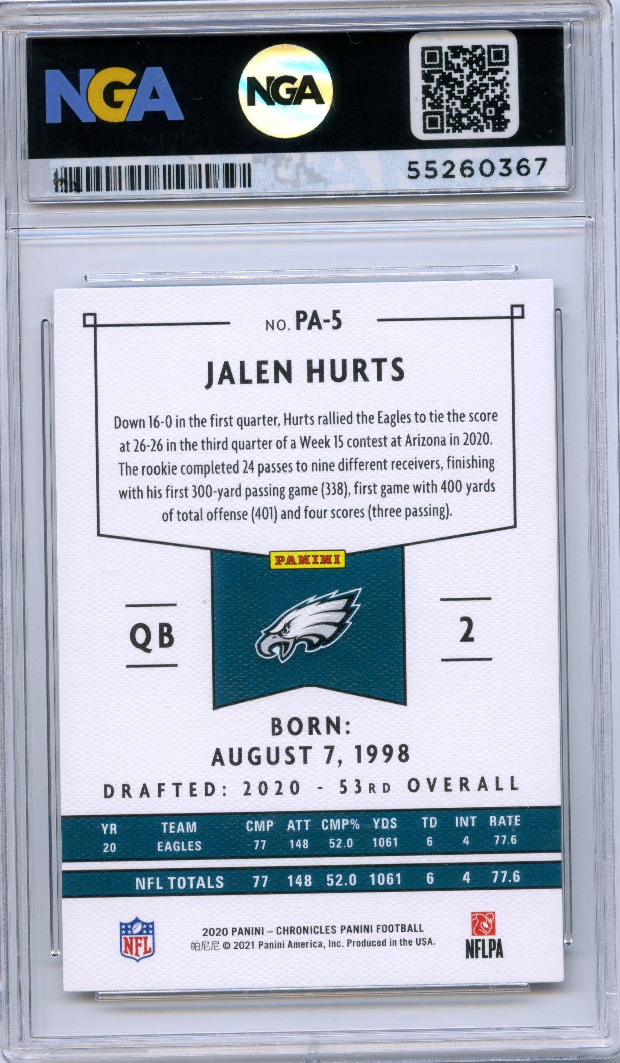 2020 Panini Chronicles #PA-5 Jalen Hurts Panini Bronze NGA 10