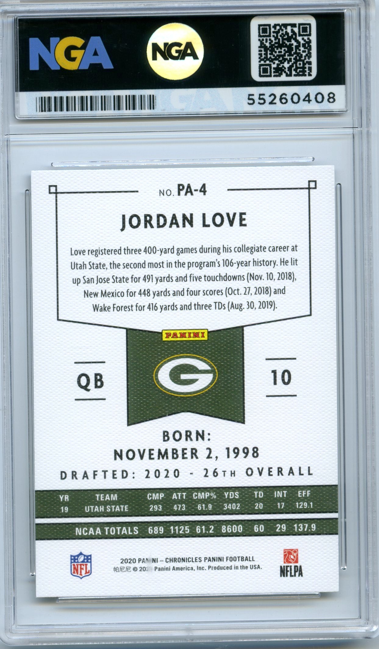 2020 Panini Chronicles #PA-4 Jordan Love Panini Teal NGA 10