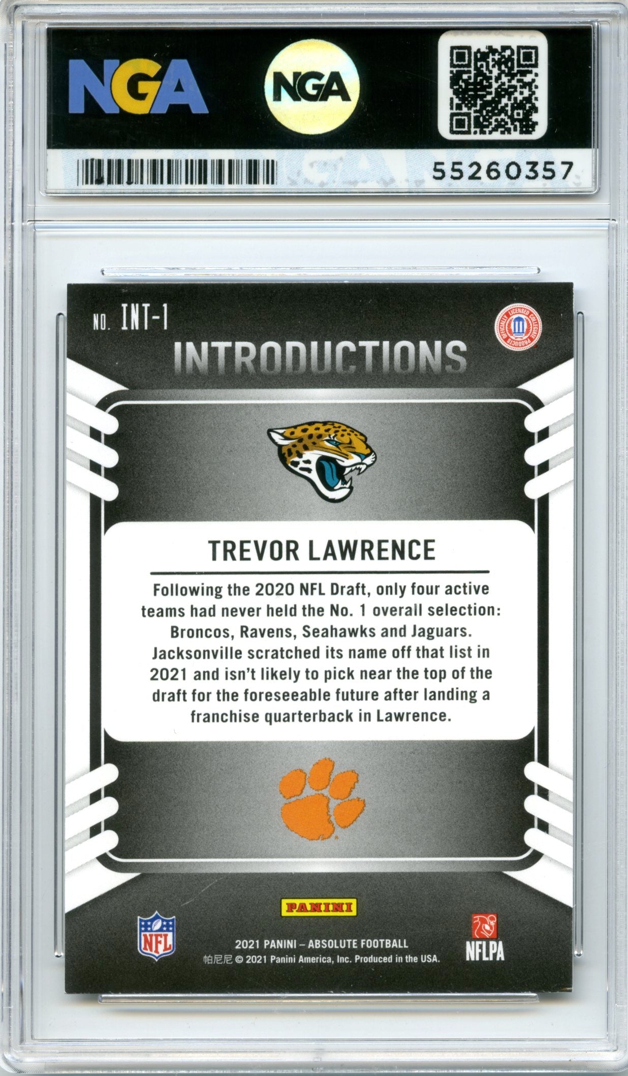 2021 Panini Absolute #INT-1 Trevor Lawrence Introductions NGA 10