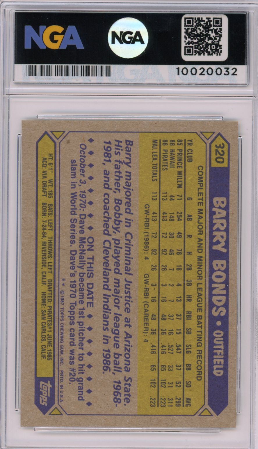 1987 Topps #320 Barry Bonds NGA 9.5