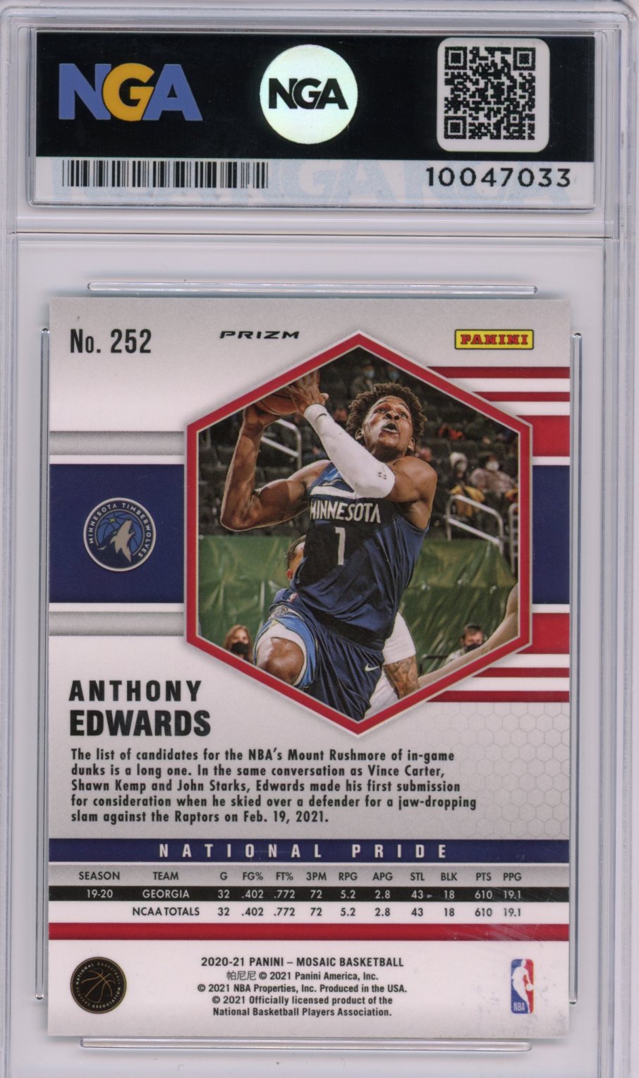 2020-21 Panini Mosaic #252 Anthony Edwards Mosaic Reactive Blue NGA 10