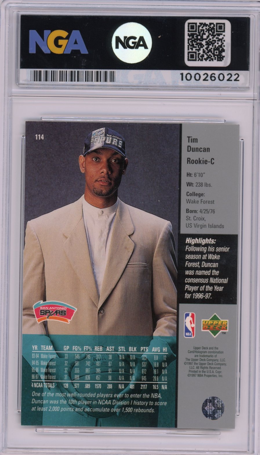 1997-98 Upper Deck #114 Tim Duncan NGA 9