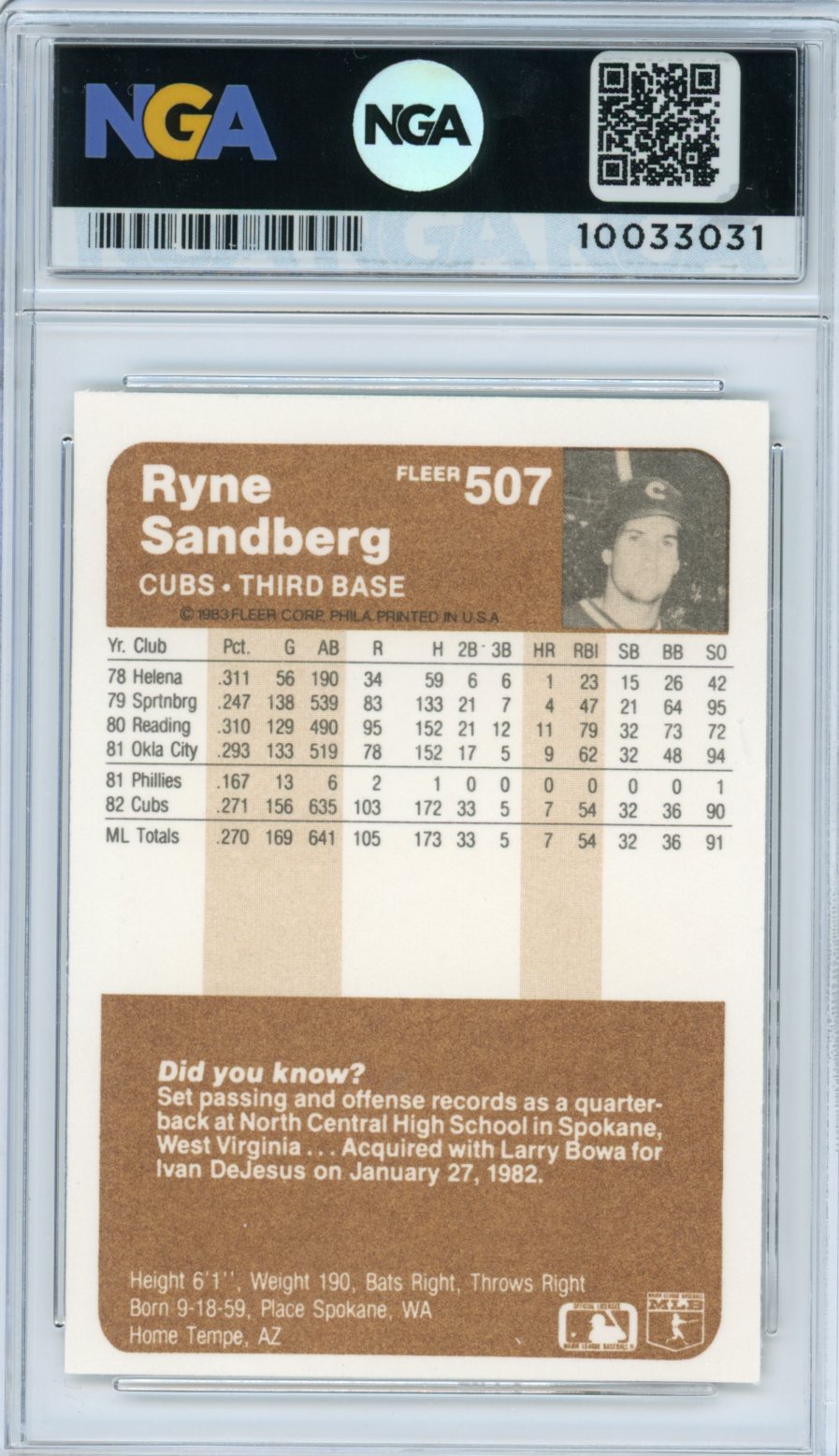 1983 Fleer #507 Ryne Sandberg NGA 9.5