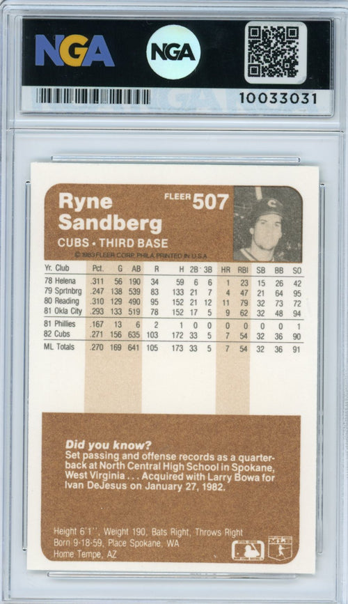 1983 Fleer #507 Ryne Sandberg NGA 9.5