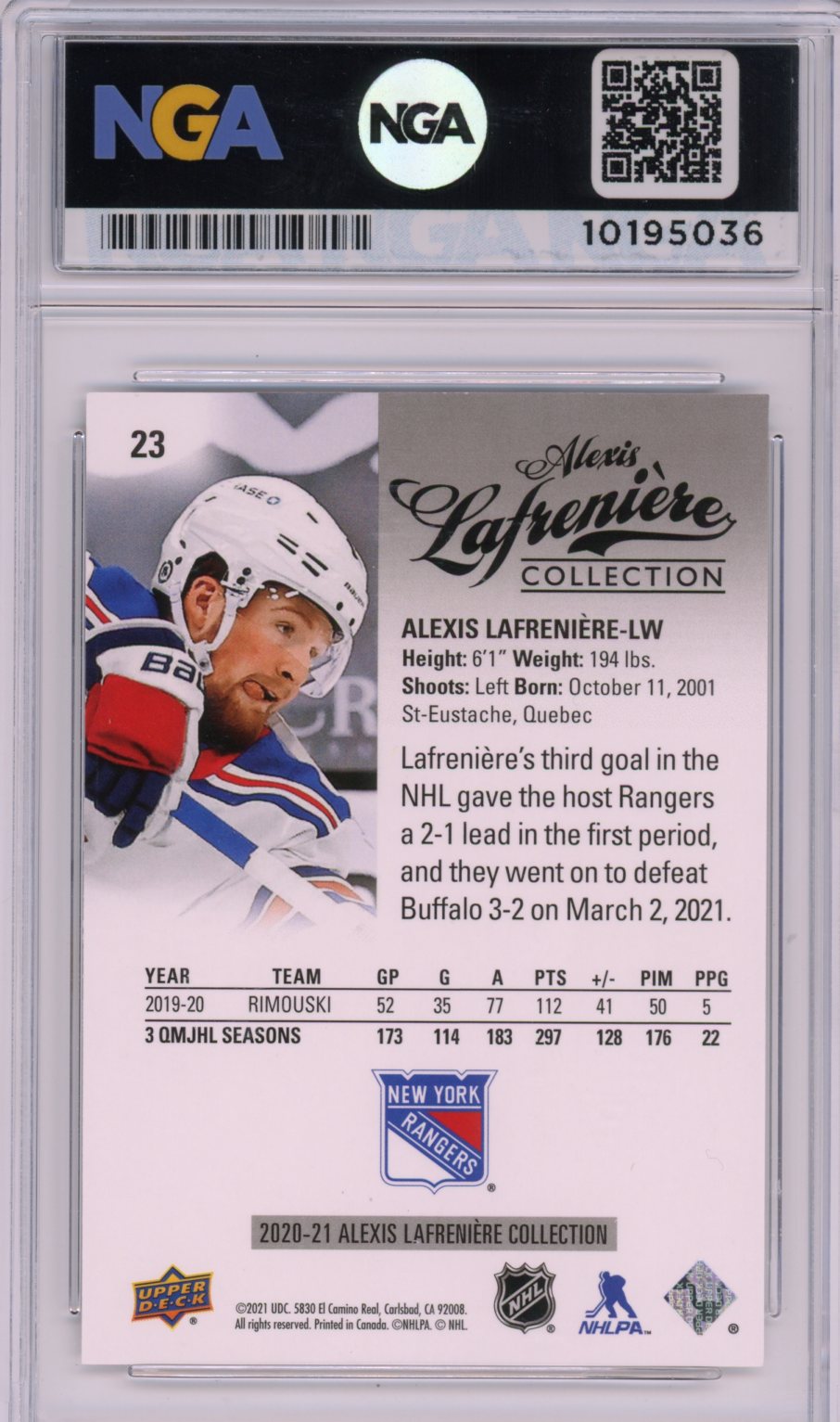 2020-21 Upper Deck Alexis Lafreniere Collection #23 Alexis Lafreniere NGA 9