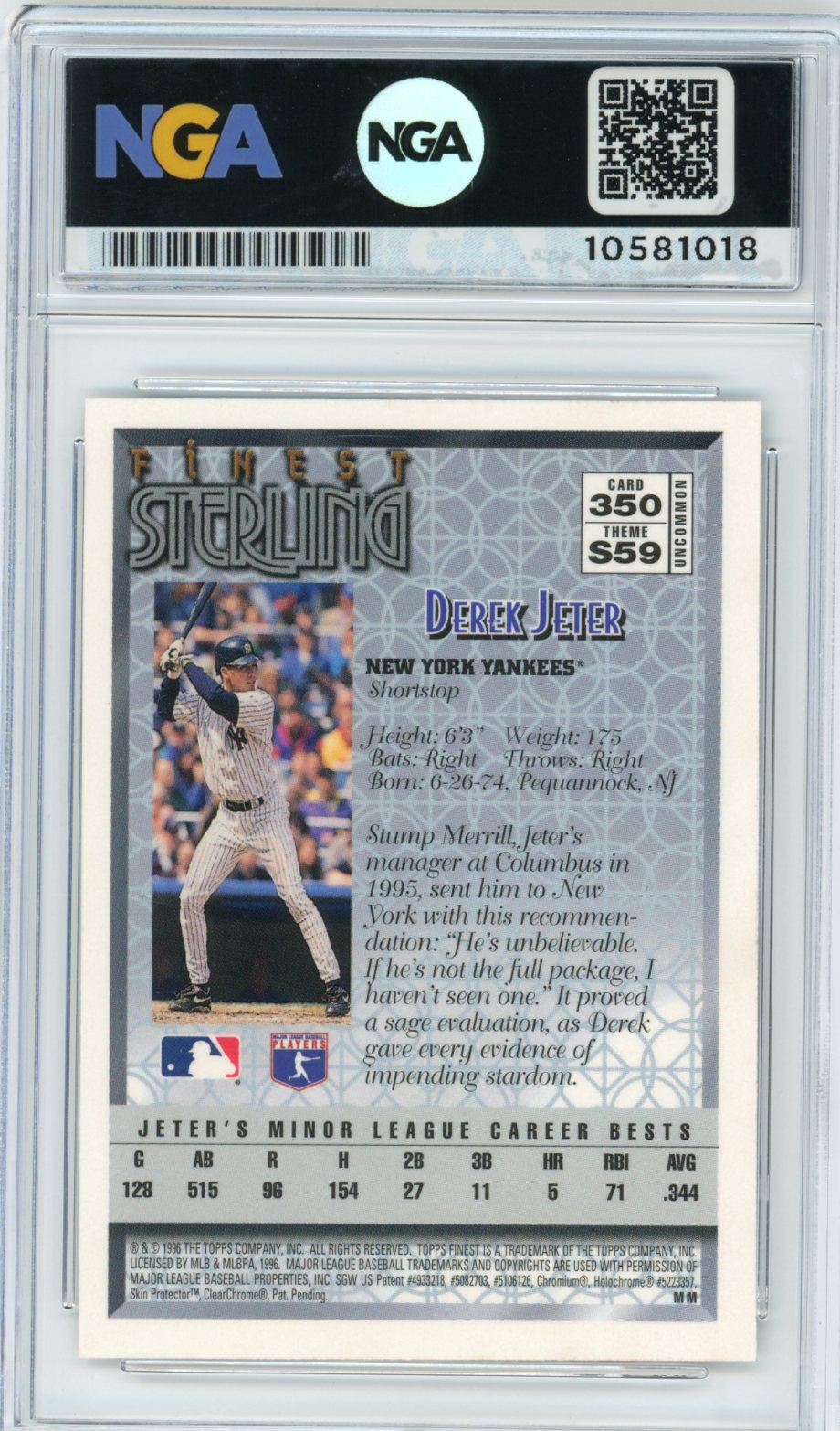 1996 Finest #350 Derek Jeter Refractors NGA 10