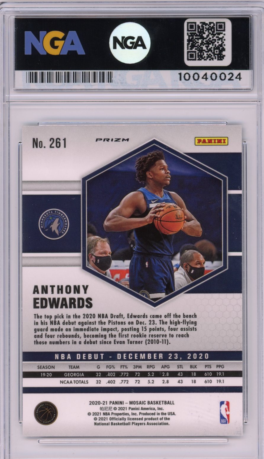 2020-21 Panini Mosaic #261 Anthony Edwards Mosaic Reactive Green NGA 10