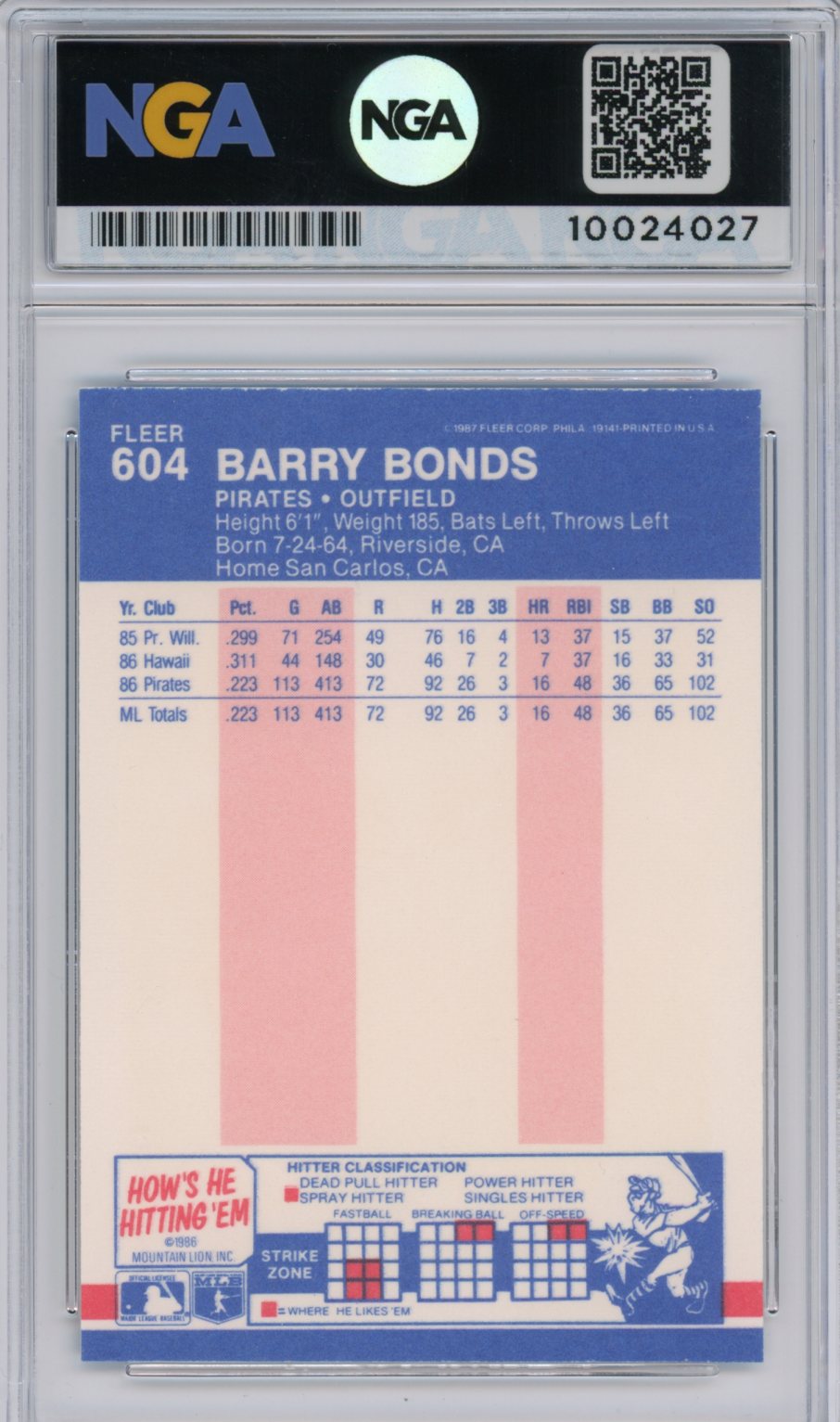 1987 Fleer #604 Barry Bonds NGA 9