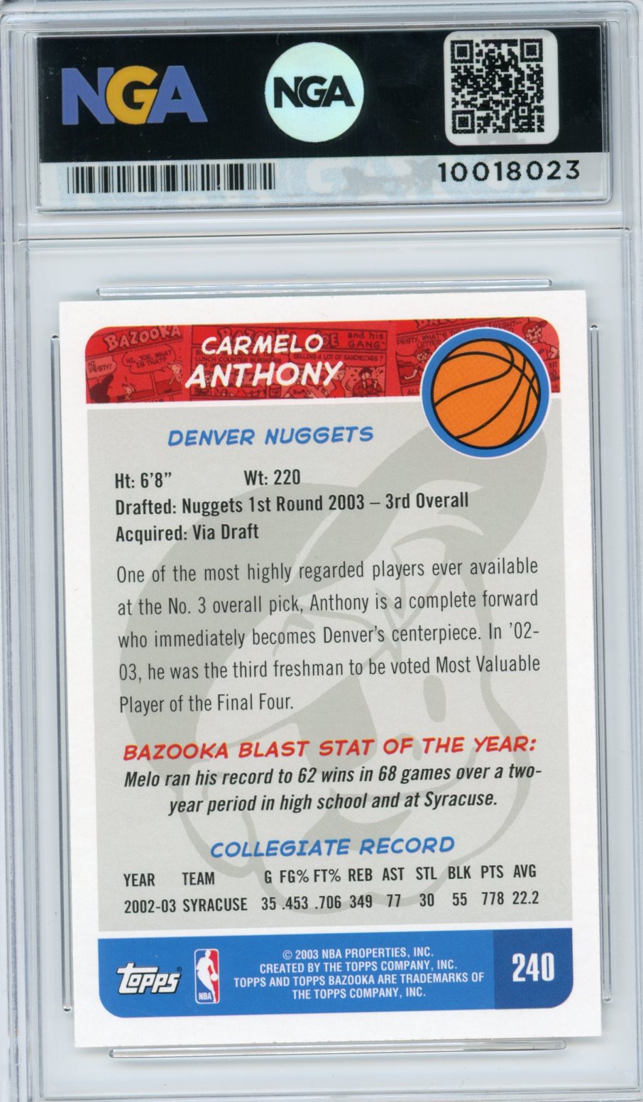 2003-04 Bazooka #240b Carmelo Anthony NGA 9.5