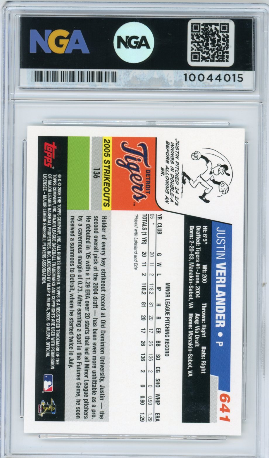 2006 Topps #641 Justin Verlander NGA 10