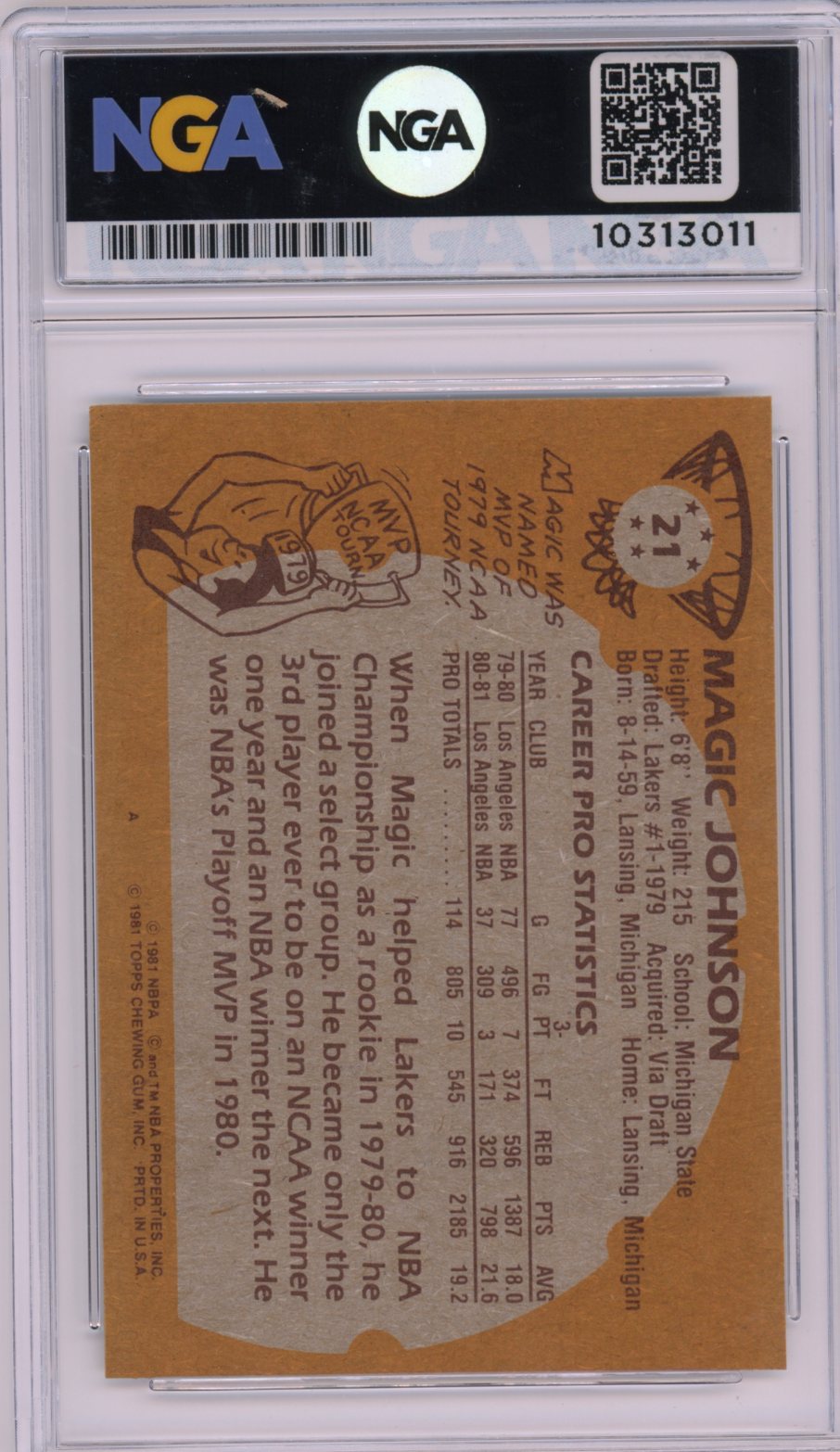 1981-82 Topps #21 Magic Johnson NGA 9