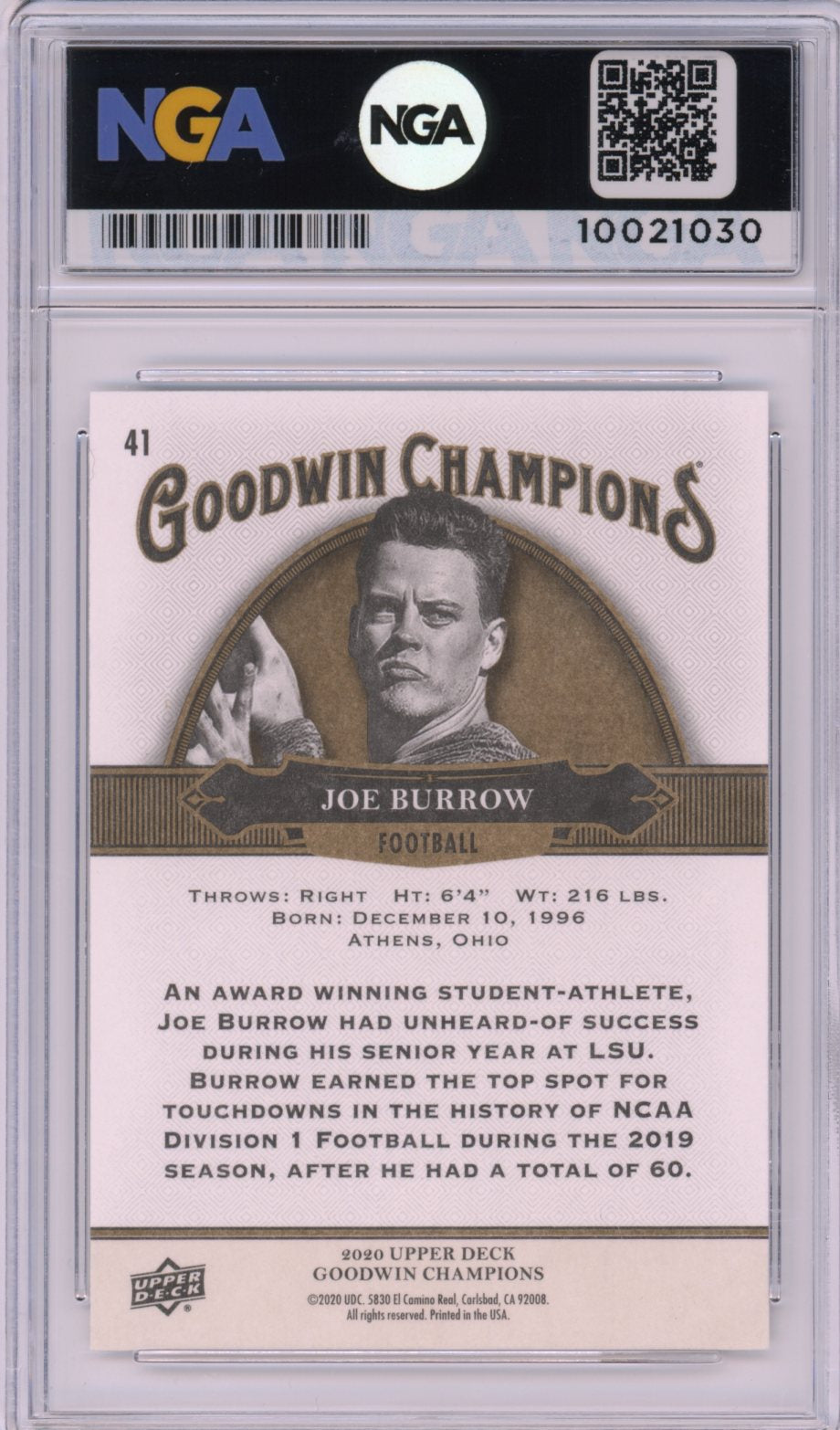 2020 Upper Deck Goodwin Champions #41 Joe Burrow NGA 10