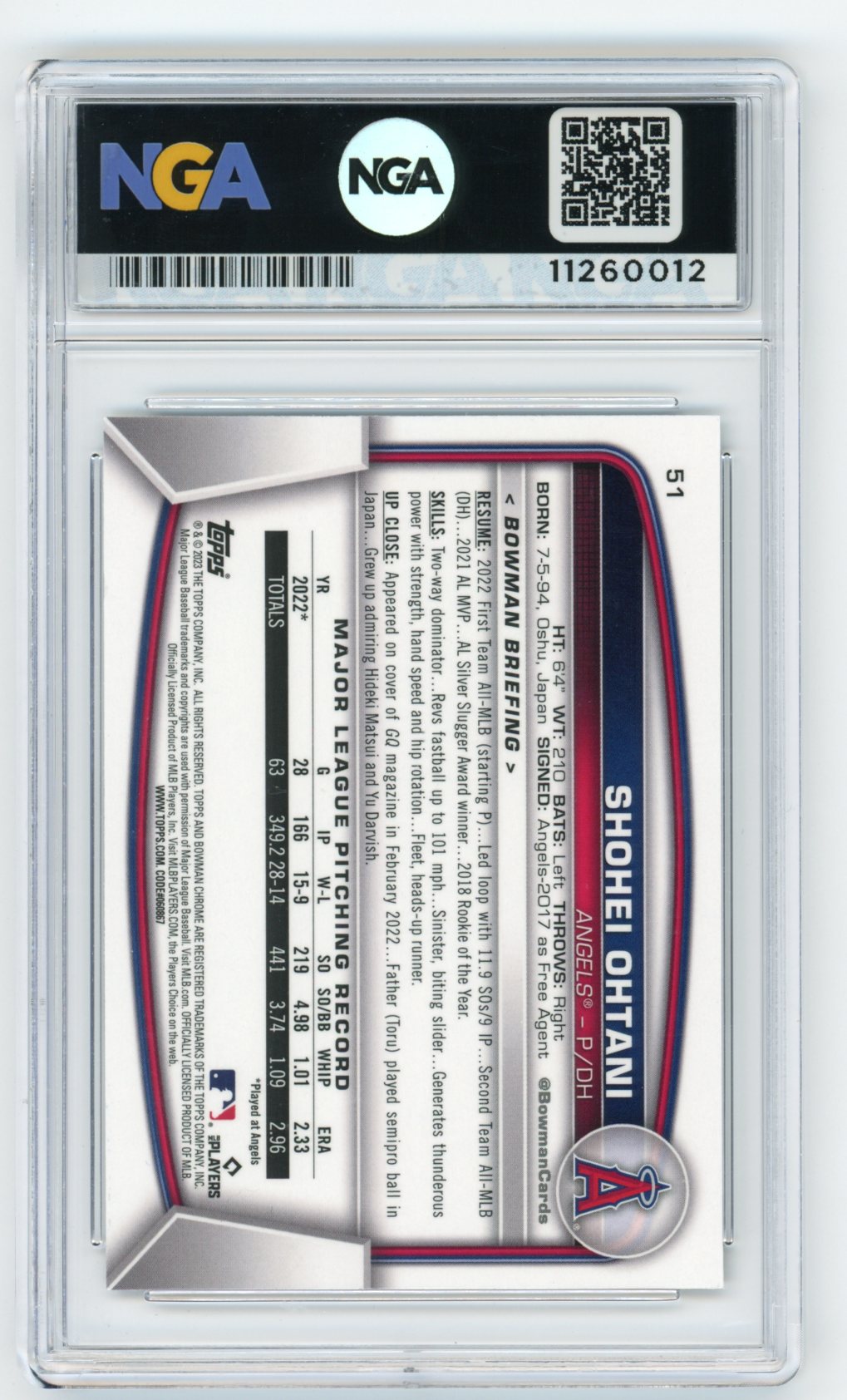 2023 Bowman #51 Shohei Ohtani Mojo Refractors NGA 10