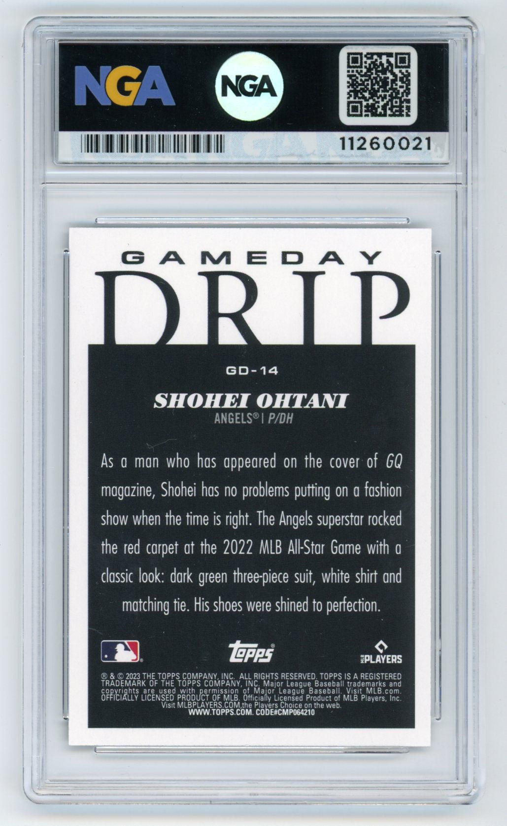 2023 Topps Big League #GD-14 Shohei Ohtani Game Day Drip Gold Foil NGA 10