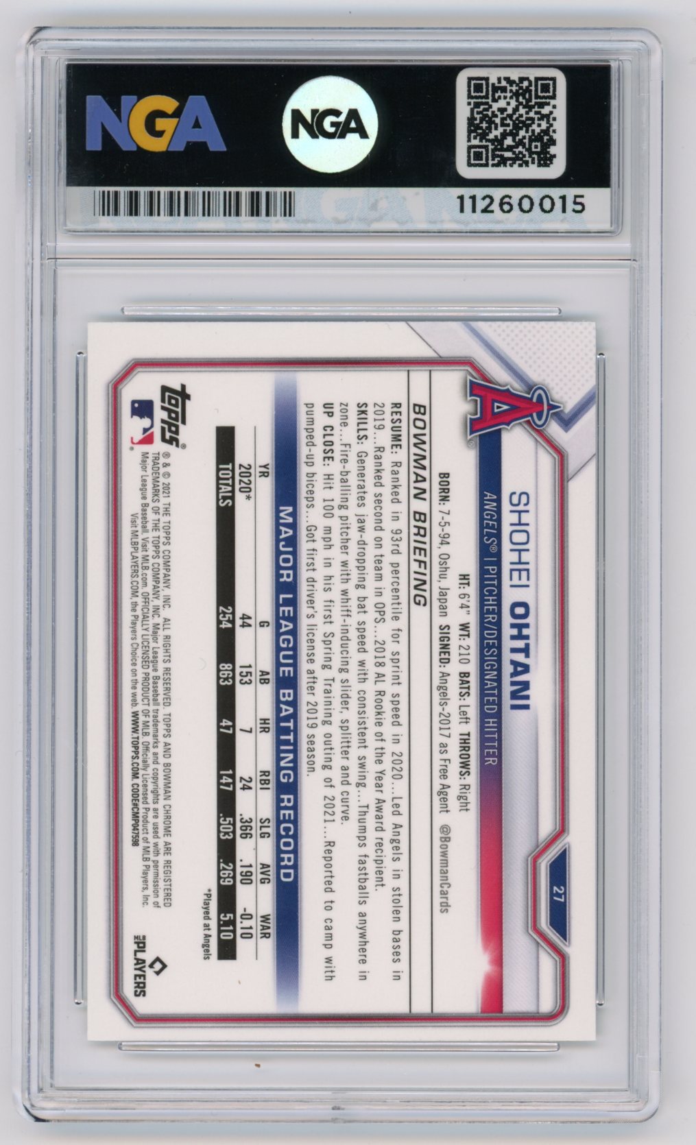2021 Bowman Chrome #27 Shohei Ohtani NGA 10